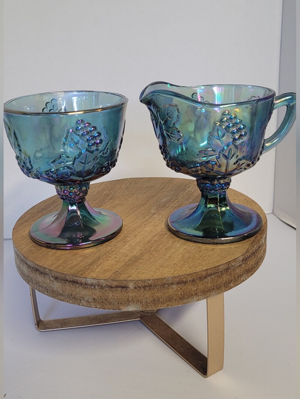 Vintagr Iridescent Blue-Green Carnival Glass Creamer and Sugar Set